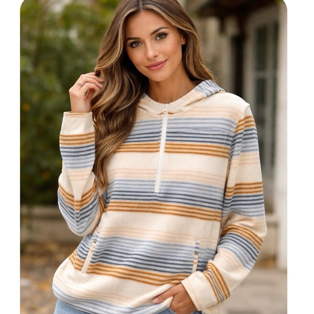 O'Neill Womens Julia Pullover 1/4 Zip Fleece Striped Pocket Hoodie Size XXL